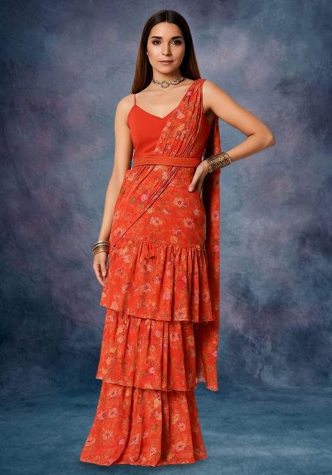 Orange Chiffon Floral Printed Pre Draped Saree Set