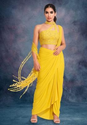 Yellow Embroidered Blouse Georgette Pre Draped Saree Set