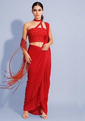 Red Embroidered Blouse Georgette Pre Draped Saree Set