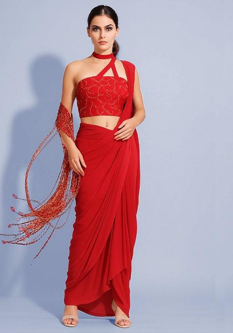 Red Embroidered Blouse Georgette Pre Draped Saree Set
