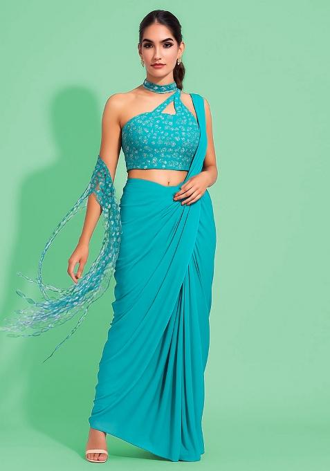 Turquoise Embroidered Blouse Georgette Pre Draped Saree Set