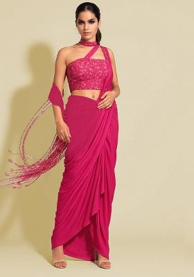 Fuchsia Pink Embroidered Blouse Georgette Pre Draped Saree Set
