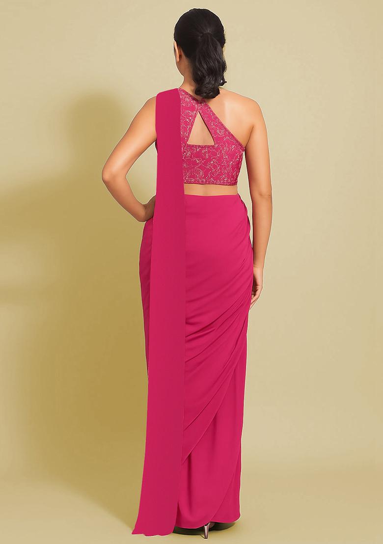 Fuchsia Pink Embroidered Blouse Georgette Pre Draped Saree Set - Indya