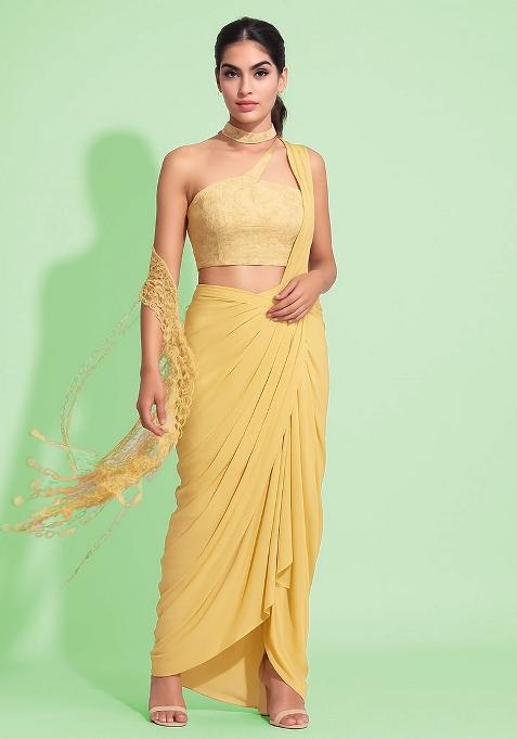 Yellow Embroidered Blouse Georgette Pre Draped Saree Set