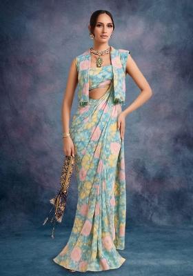 Sky Blue Chiffon Floral Printed Pre Draped Saree Set