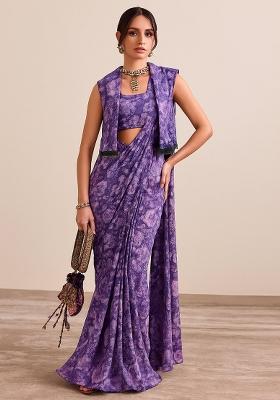 Purple  Chiffon Floral Printed Pre Draped Saree Set