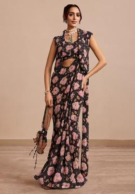 Black  Chiffon Floral Printed Pre Draped Saree Set