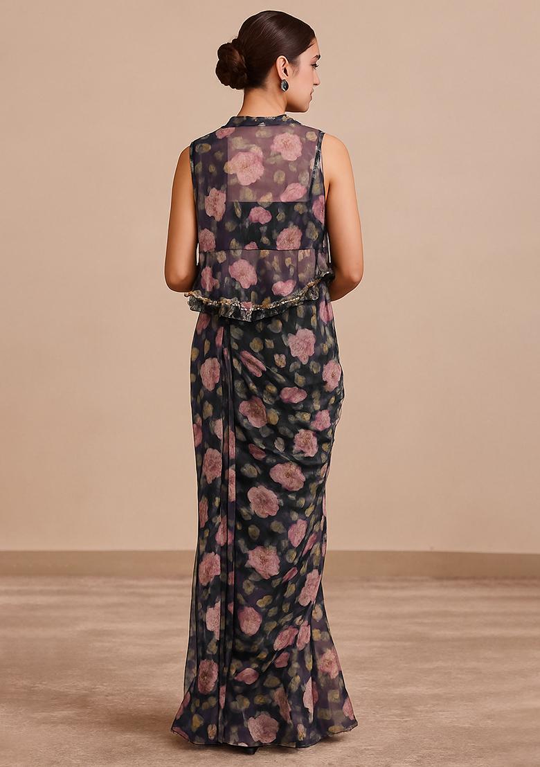 Black  Chiffon Floral Printed Pre Draped Saree Set - Indya