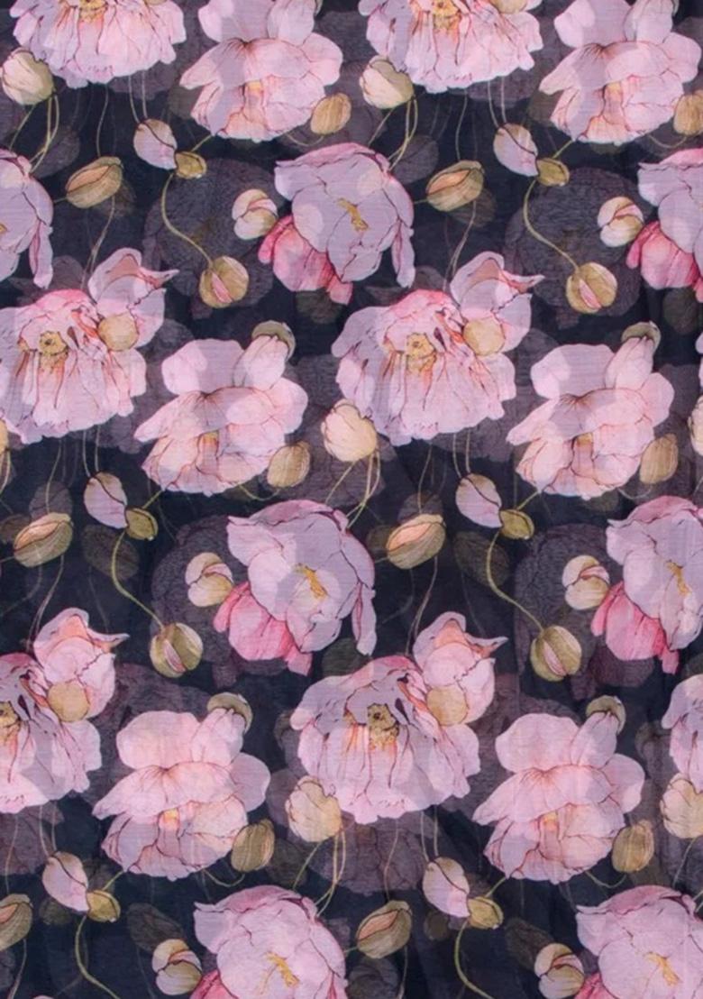 Black  Chiffon Floral Printed Pre Draped Saree Set - Indya