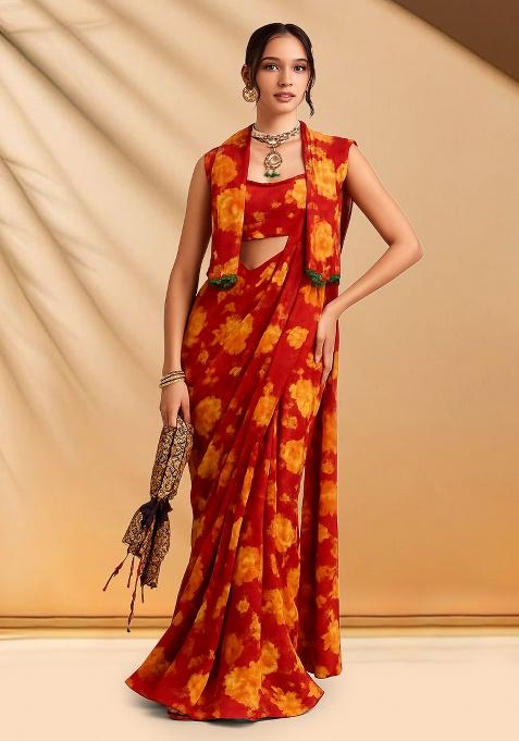 Red  Chiffon Floral Printed Pre Draped Saree Set