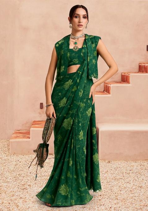 Green  Chiffon Floral Printed Pre Draped Saree Set
