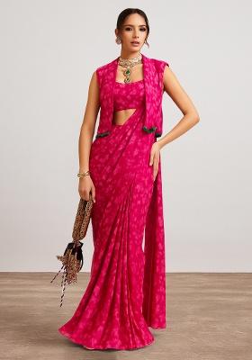 Magenta Pink  Chiffon Floral Printed Pre Draped Saree Set