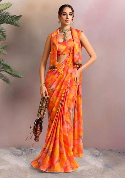 Orange Chiffon Abstract Printed Pre Draped Saree Set