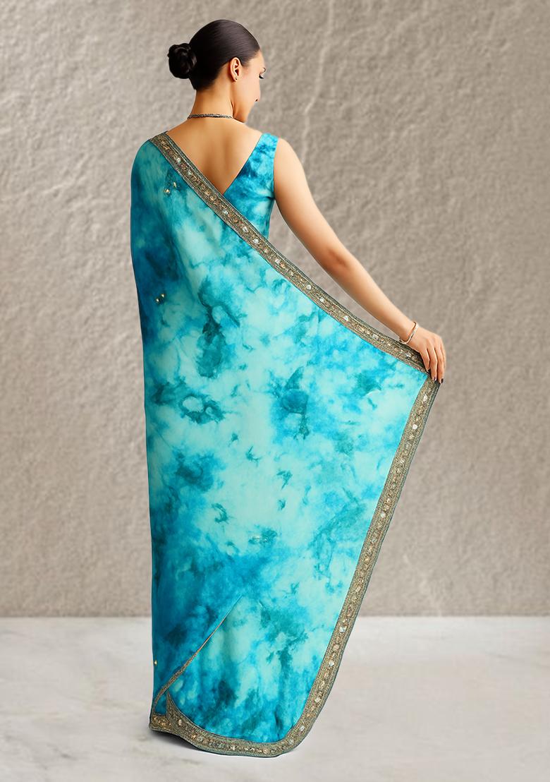 Sky Blue Georgette Tie And Dye Pre Draped Saree Set - Indya