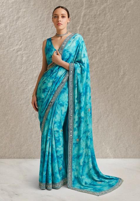 Sky Blue Georgette Tie And Dye Pre Draped Saree Set
