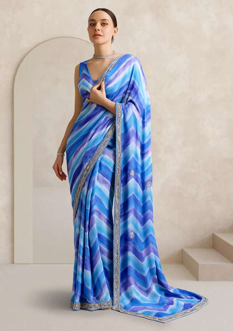 Blue Georgette Tie And Dye Pre Draped Saree Set - Indya