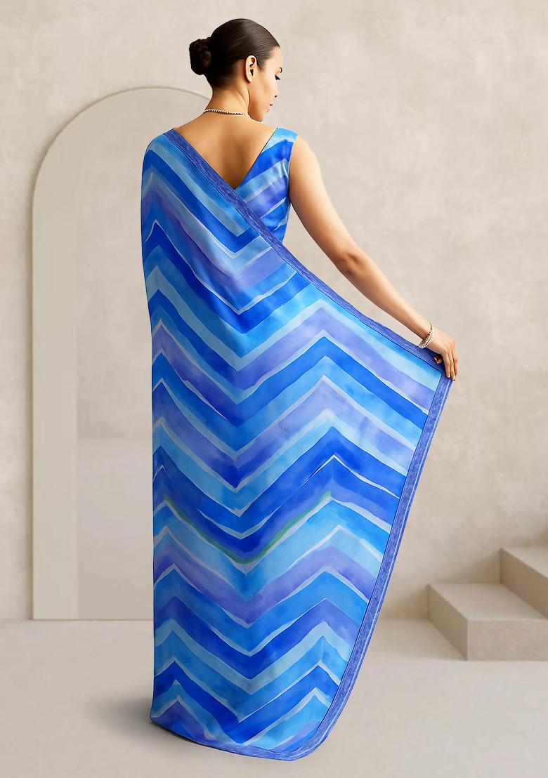 Blue Georgette Tie And Dye Pre Draped Saree Set - Indya