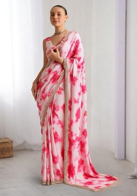Pink Georgette Tie And Dye Pre Draped Saree Set
