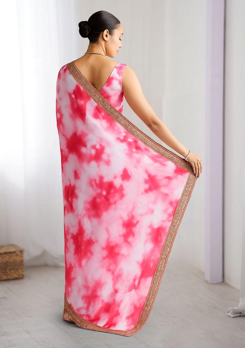 Pink Georgette Tie And Dye Pre Draped Saree Set - Indya