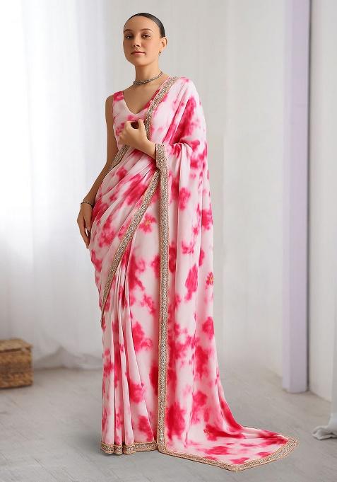 Pink Georgette Tie And Dye Pre Draped Saree Set