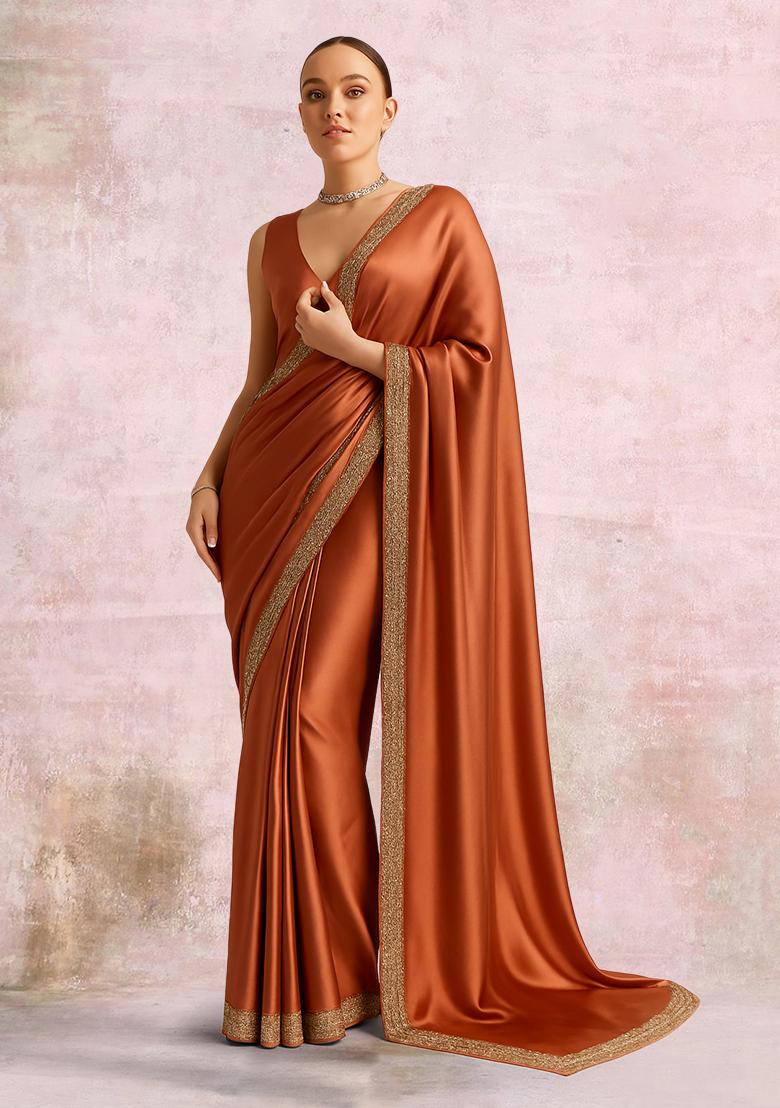 Brown Crepe Pre Draped Saree Set