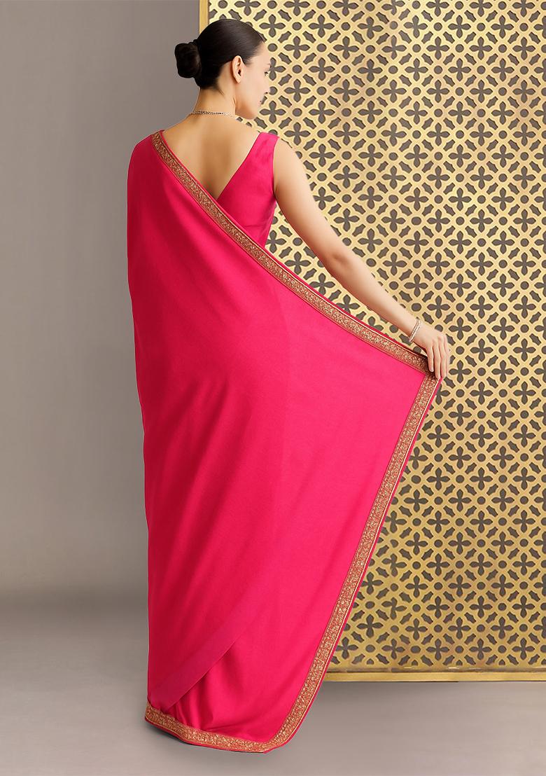 Hot Pink Crepe Pre Draped Saree Set - Indya