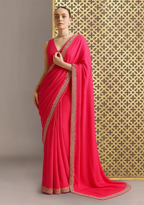 Hot Pink Crepe Pre Draped Saree Set
