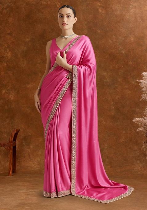 Pink Crepe Pre Draped Saree Set