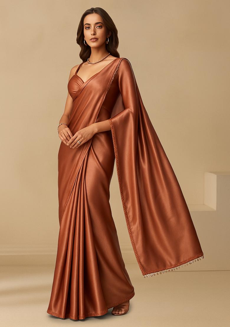 Brown Crepe Pre Draped Saree Set