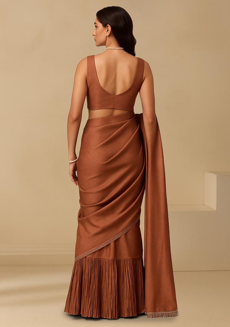 Brown Crepe Pre Draped Saree Set