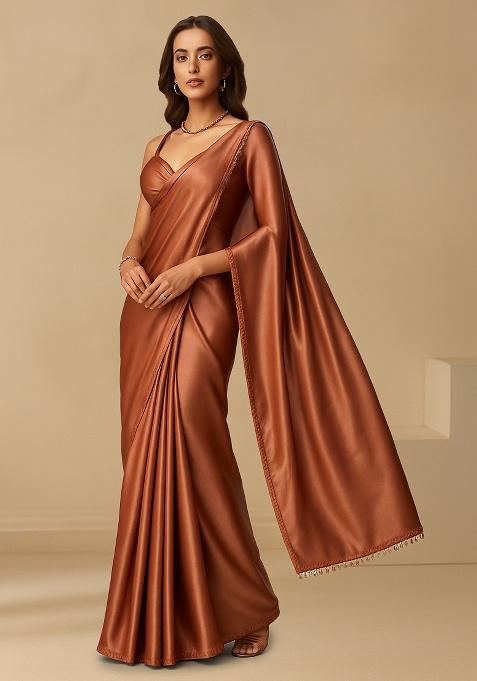Brown Crepe Pre Draped Saree Set