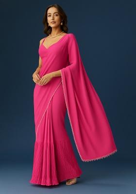 Hot Pink Crepe Pre Draped Saree Set