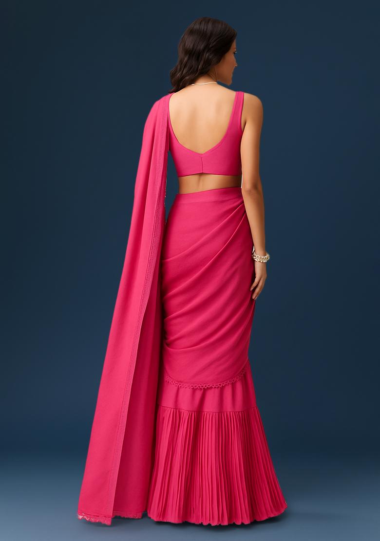 Hot Pink Crepe Pre Draped Saree Set - Indya