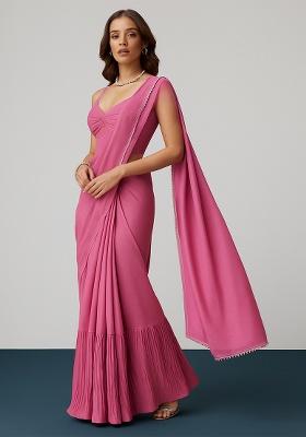 Pink Crepe Pre Draped Saree Set