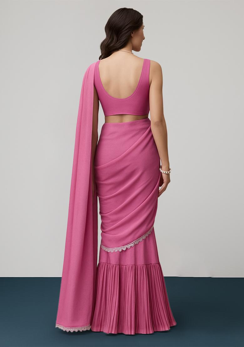Pink Crepe Pre Draped Saree Set - Indya