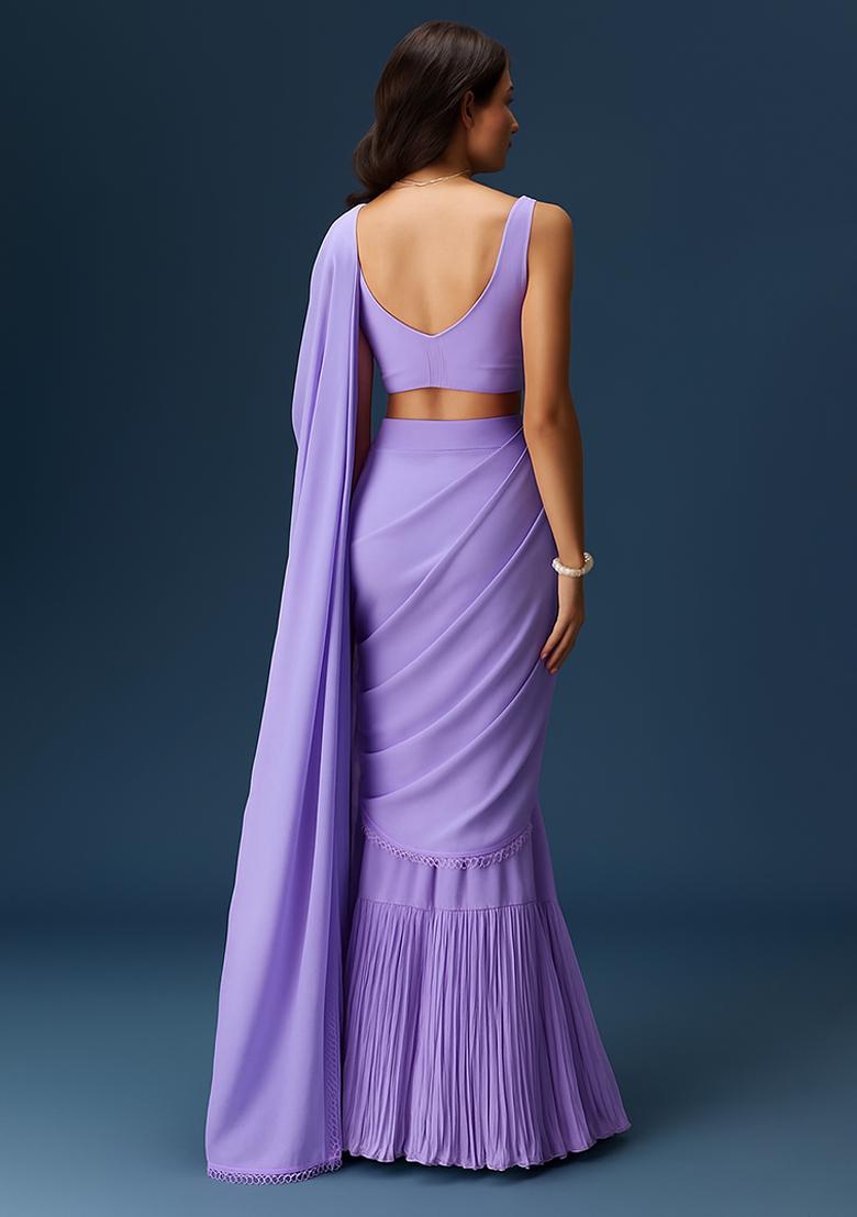 Lilac Crepe Pre Draped Saree Set - Indya