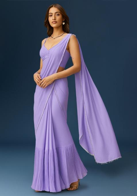 Lilac Crepe Pre Draped Saree Set