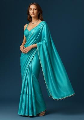 Turquoise Blue Crepe Pre Draped Saree Set