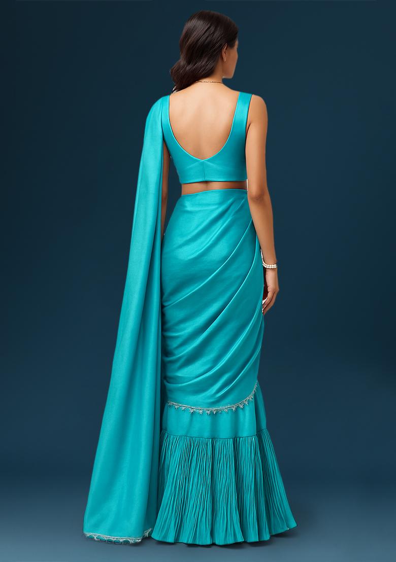 Turquoise Blue Crepe Pre Draped Saree Set - Indya