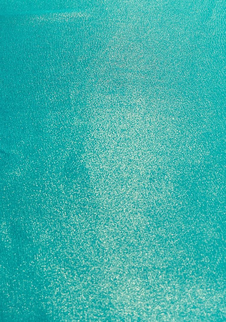 Turquoise Blue Crepe Pre Draped Saree Set - Indya