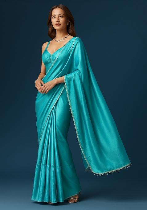 Turquoise Blue Crepe Pre Draped Saree Set