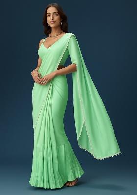 Mint Green Crepe Pre Draped Saree Set