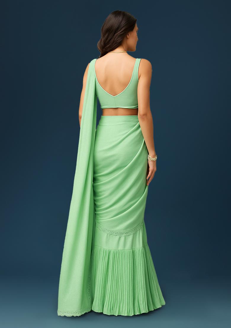 Mint Green Crepe Pre Draped Saree Set