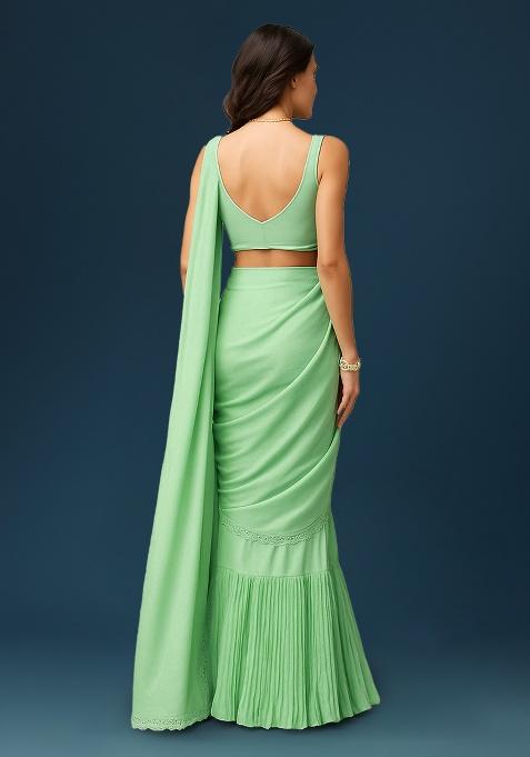 Mint Green Crepe Pre Draped Saree Set