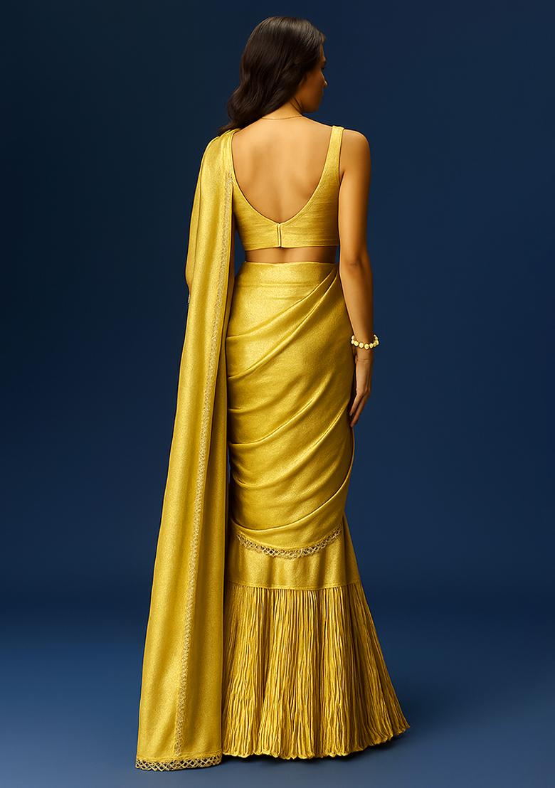 Yellow Crepe Pre Draped Saree Set - Indya