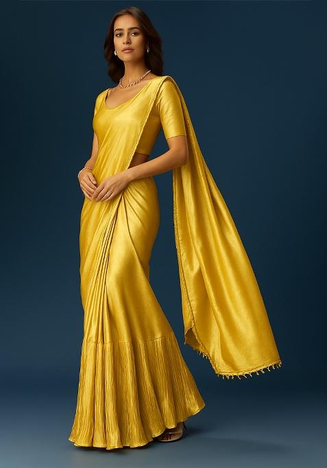 Yellow Crepe Pre Draped Saree Set