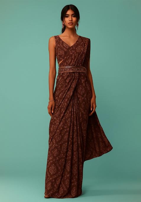 Maroon Chinon Bandhani Printed Pre Draped Saree Set