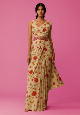Cream Chinon Floral Printed Pre Draped Saree Set