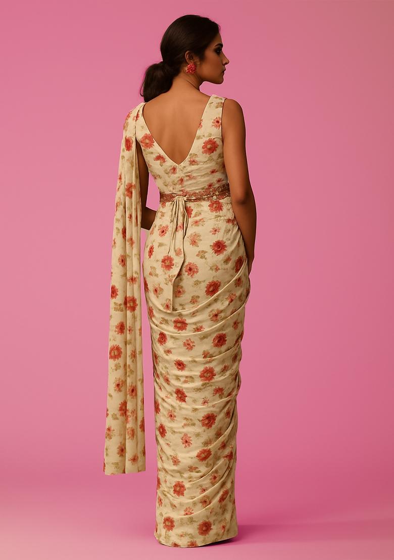 Cream Chinon Floral Printed Pre Draped Saree Set - Indya