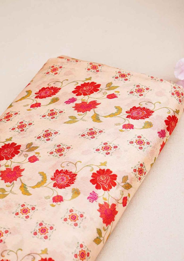 Cream Chinon Floral Printed Pre Draped Saree Set